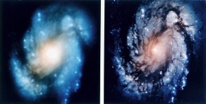 Hablo kosminio teleskopo vaizdai su sferine aberacija ir po korekcijos.