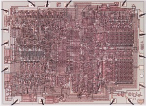 Intel 4004 procesoriaus mikroschemos nuotrauka.