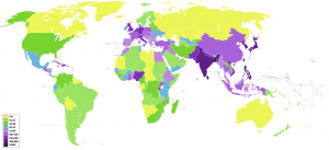 Žmonių tankis į kvadratinį kilometrą tenkantis valstybėms 2012 metais.