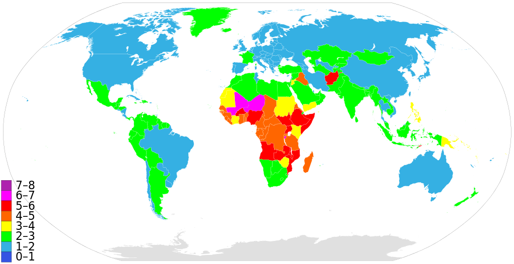 Vaikų skaičius vienoje šeimoje skirtingose pasaulio valstybėse.
